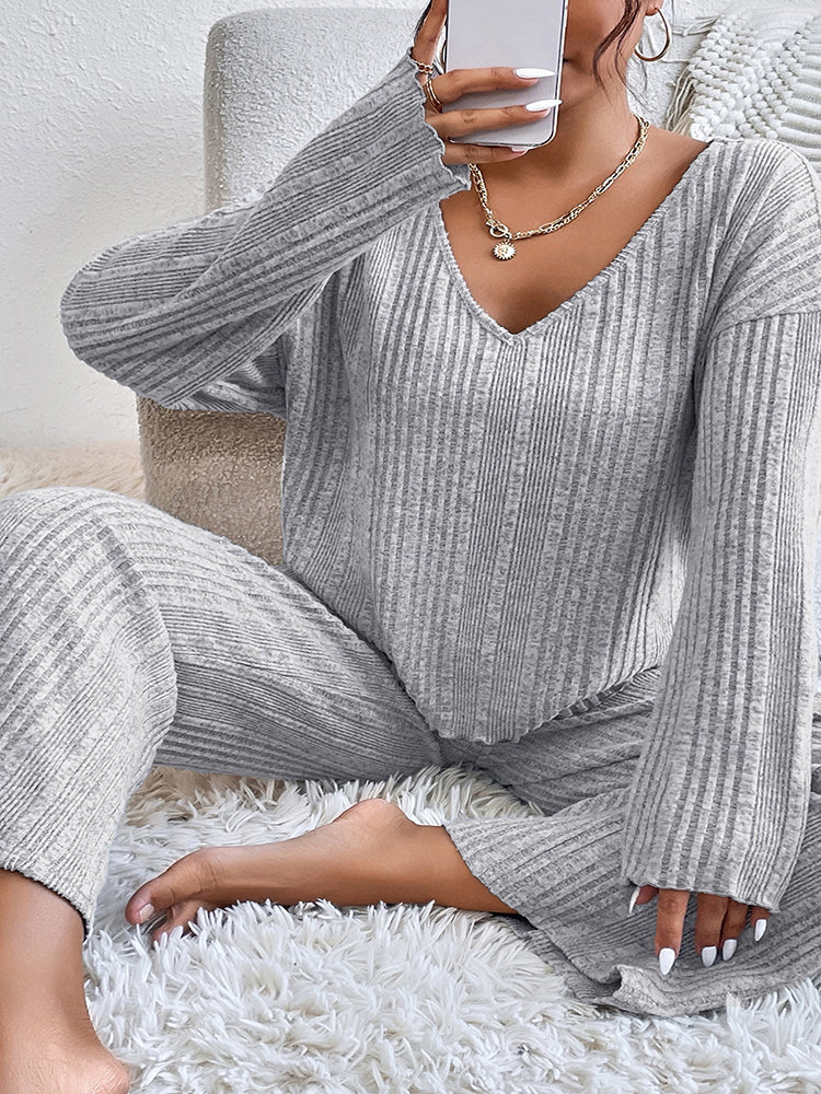 Ribbed Knit Lounge Set with V-Neck for Women