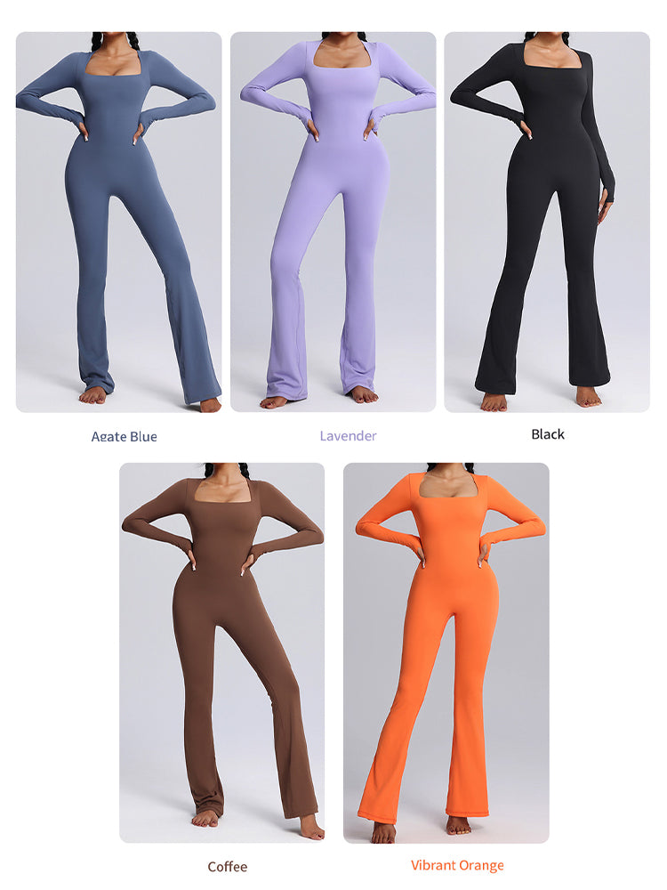 Seamless Full-Body Long-Sleeve Yoga One-Pieces with Square Neckline