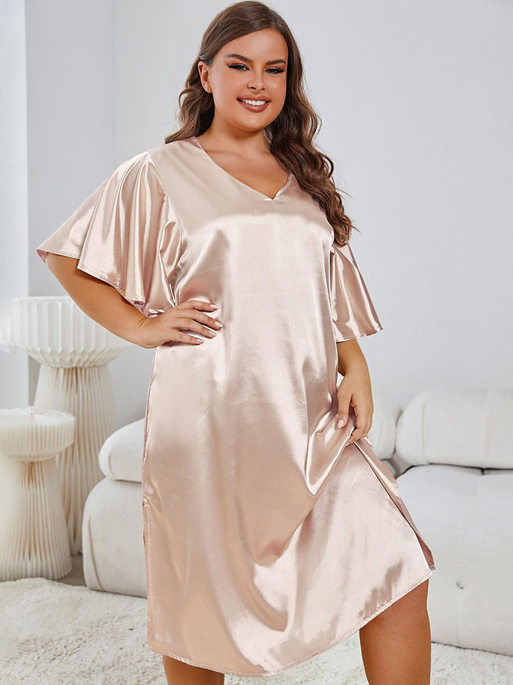 Satin V-Neck Nightdress with Flutter Sleeves