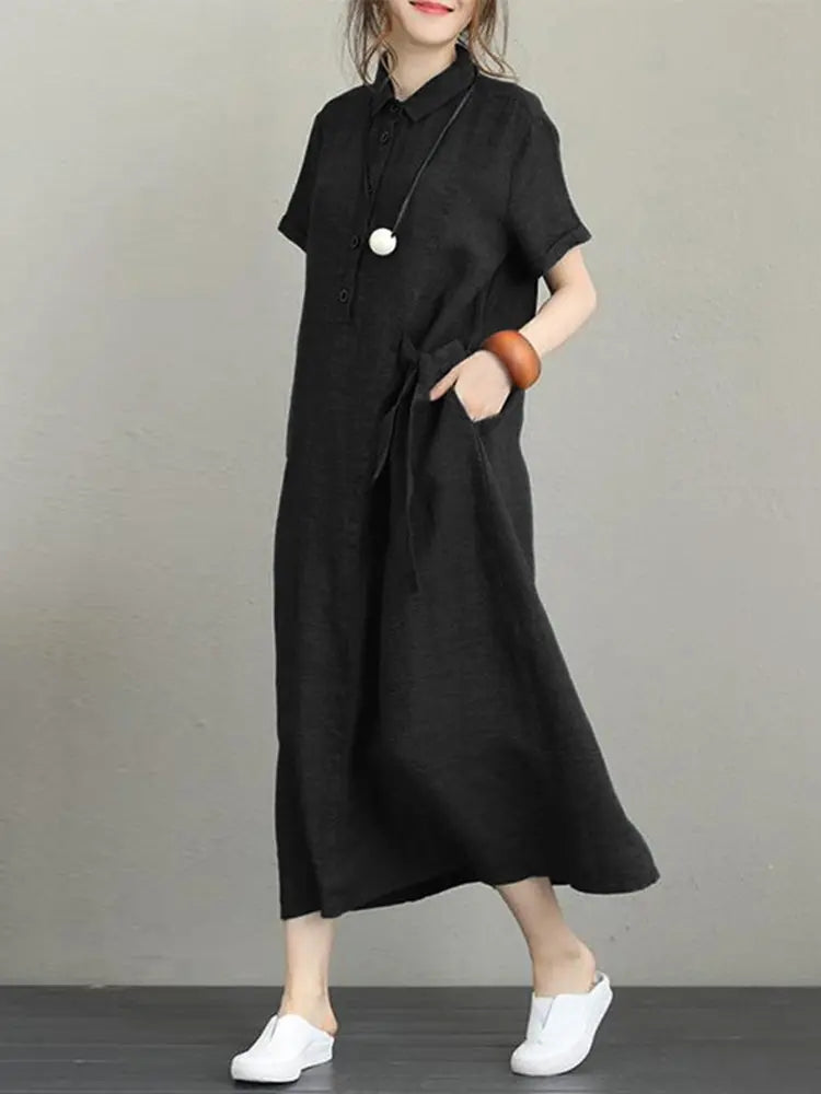 Vintage Turn-down Collar Side Pocket Shirt Dress