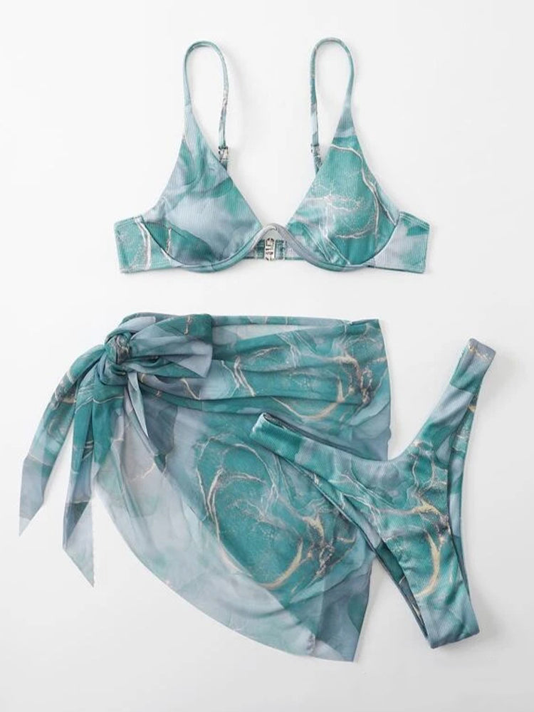 Women's Sexy 3-Piece Ribbed Underwire Bikini Set