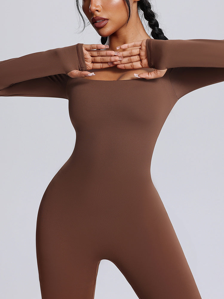 Seamless Full-Body Long-Sleeve Yoga One-Pieces with Square Neckline