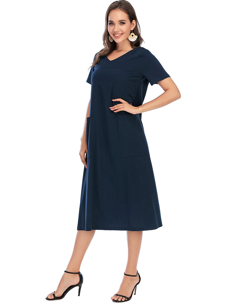 Vintage Short Sleeve V Neck Pockets Dresses