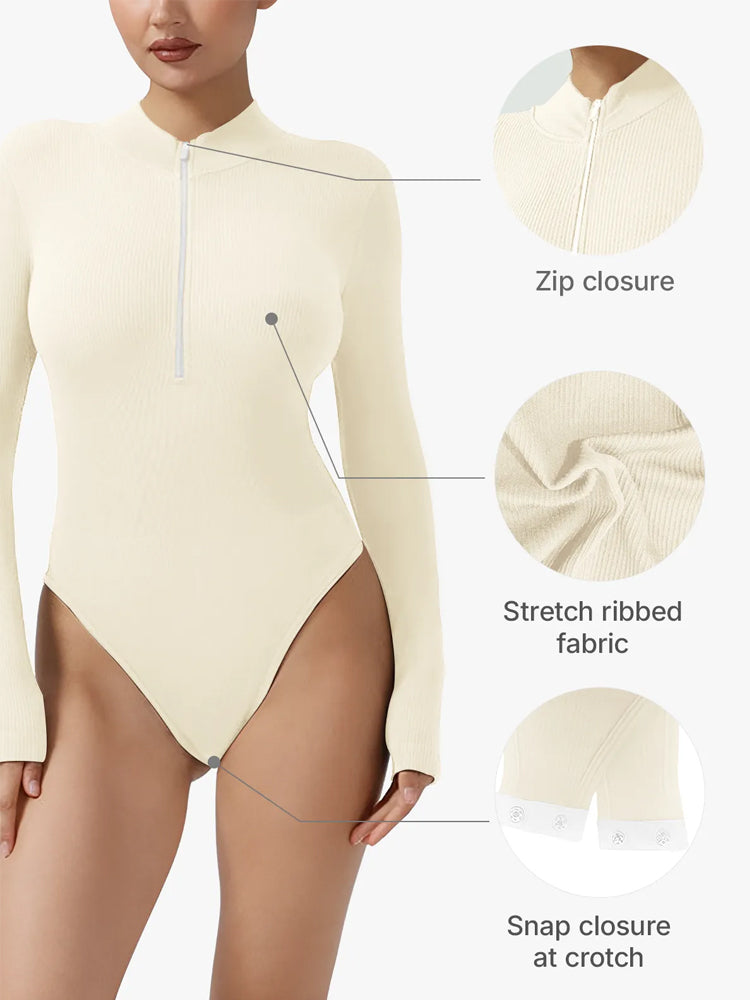 Ribbed Zipper Crotch Opening High Neck Long Sleeve Thong Bodysuits