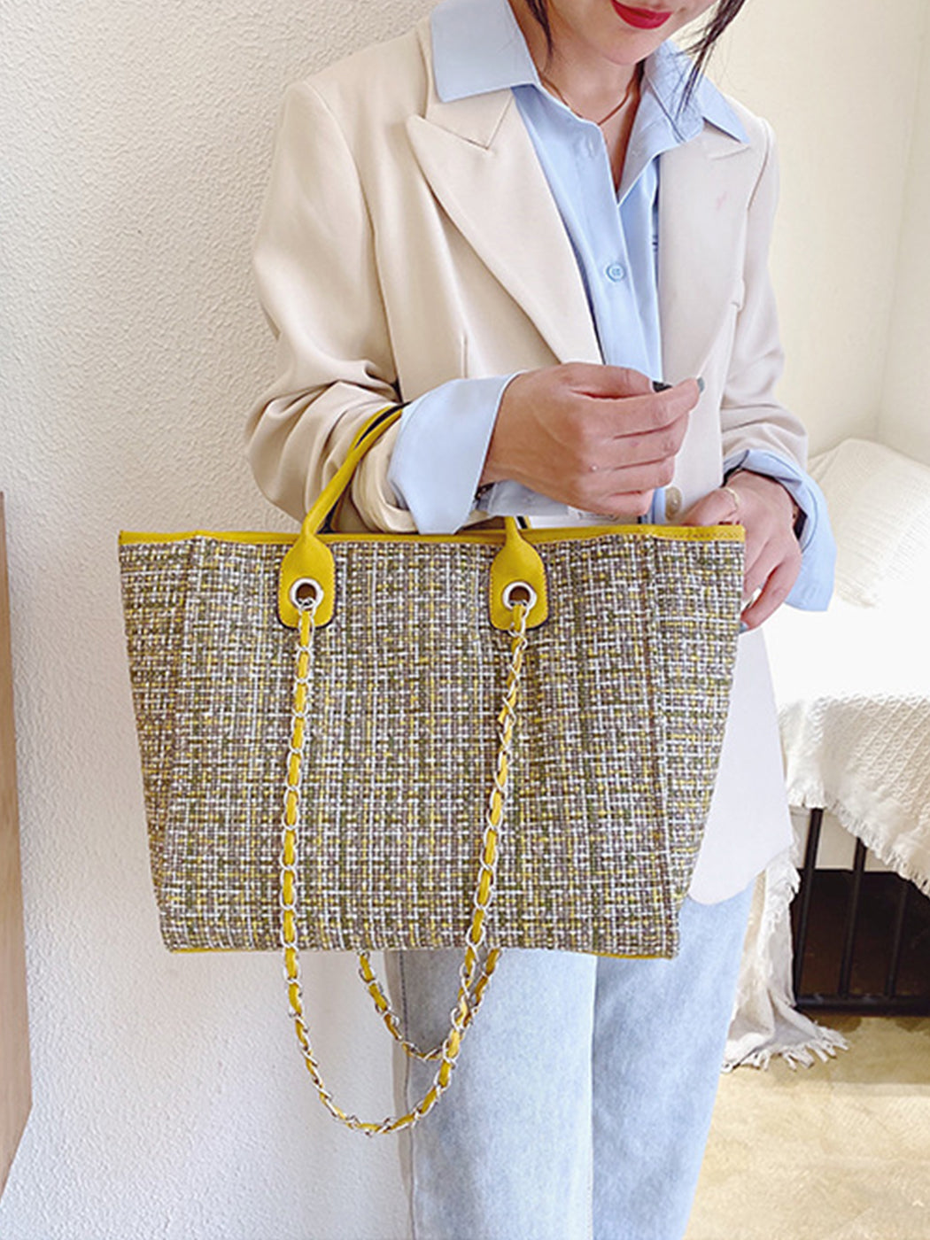 Chic Tweed Chain Tote Bag