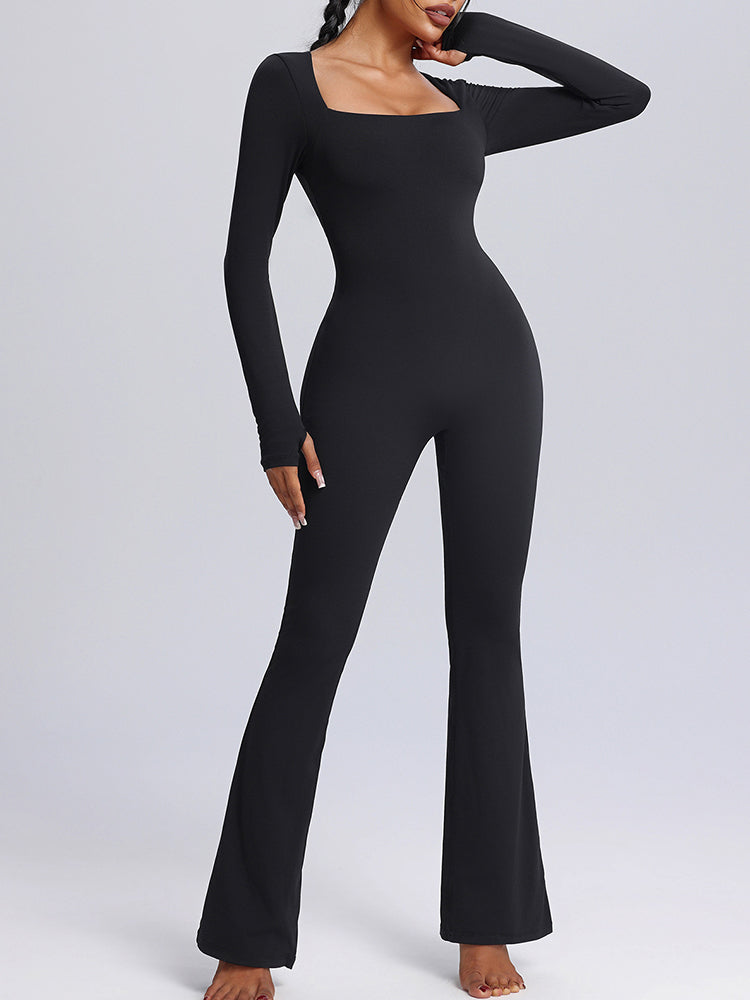 Seamless Full-Body Long-Sleeve Yoga One-Pieces with Square Neckline