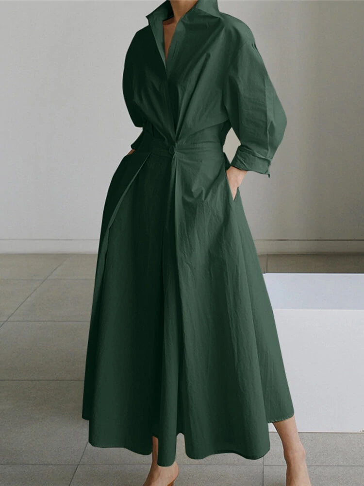Solid Pocket Button Lapel Maxi Shirt Casual Dress