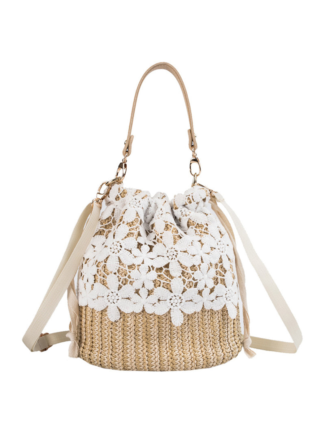 Versatile Lace-Accented Woven Crossbody Bucket Bag