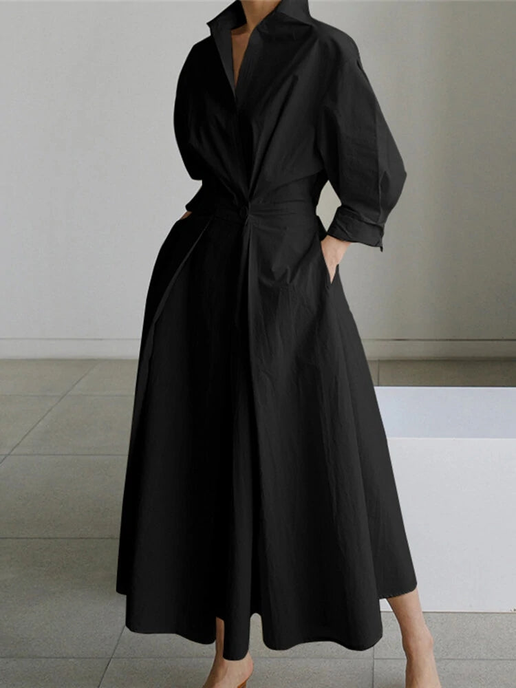 Solid Pocket Button Lapel Maxi Shirt Casual Dress