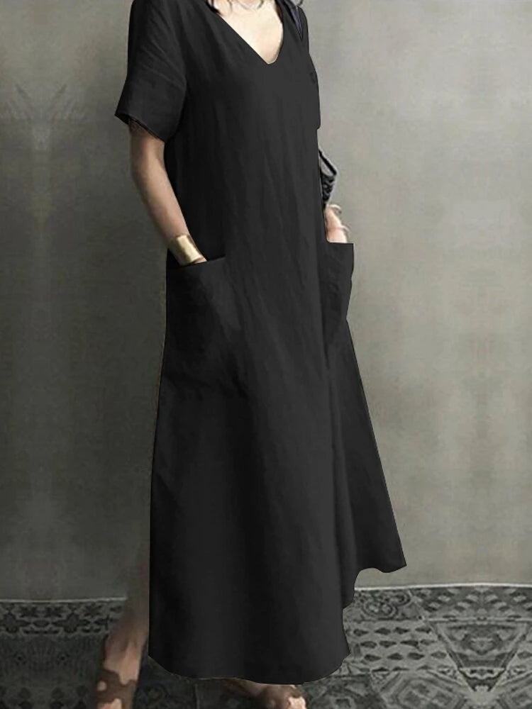 Vintage Short Sleeve V Neck Pockets Dresses